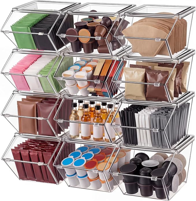 Yerliker 12 Pcs Clear Plastic Storage Bins with Lids Stackable Pantry Storage Organizer Kitchen Cabinet Organizers Ideal Containers for Coffee Pod Tea Sugar Bag Cabinet Home (Extra Large)