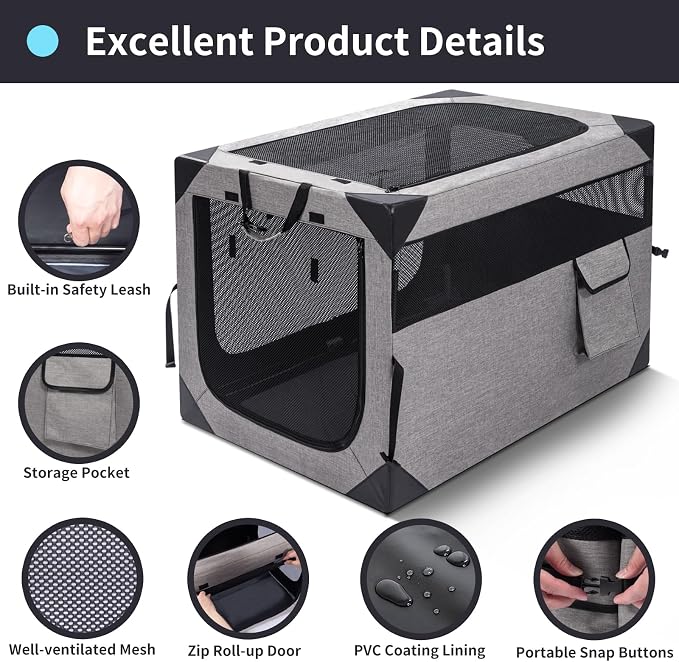 Zikopomi 36 Inch Portable Soft Foldable Dog Crate | 3 Zipper Door,Collapsible Soft Pet Kennel, Foldable Dog Cage, for Small and Medium Dogs, Indoor Outdoor Travel, Light Grey
