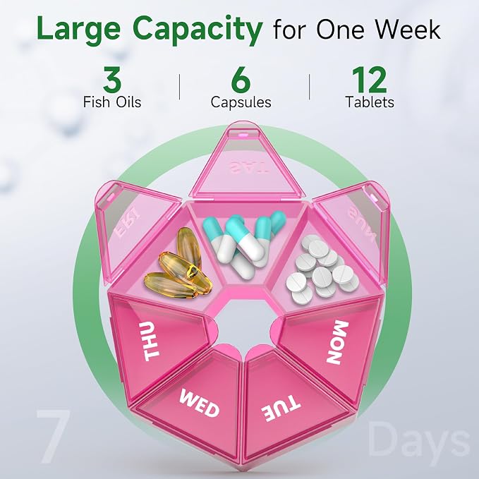 Weekly Pill Organizer, 2 Pack Portable Travel Pill Box, 7 Day Pill Case | Easy Open, BPA-Free, Arthritis Friendly Medicine Pill Container, Medicine Case for Vitamins,Supplements Medications, Red