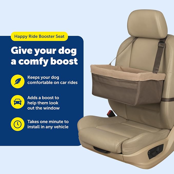 PetSafe Happy Ride Dog Booster Seat, Brown, Up to 18 lb | Raises Small Dogs to Window Height In Most Cars, Connects to Seatbelt with Safety Tether, Fleece Liner Is Machine Washable
