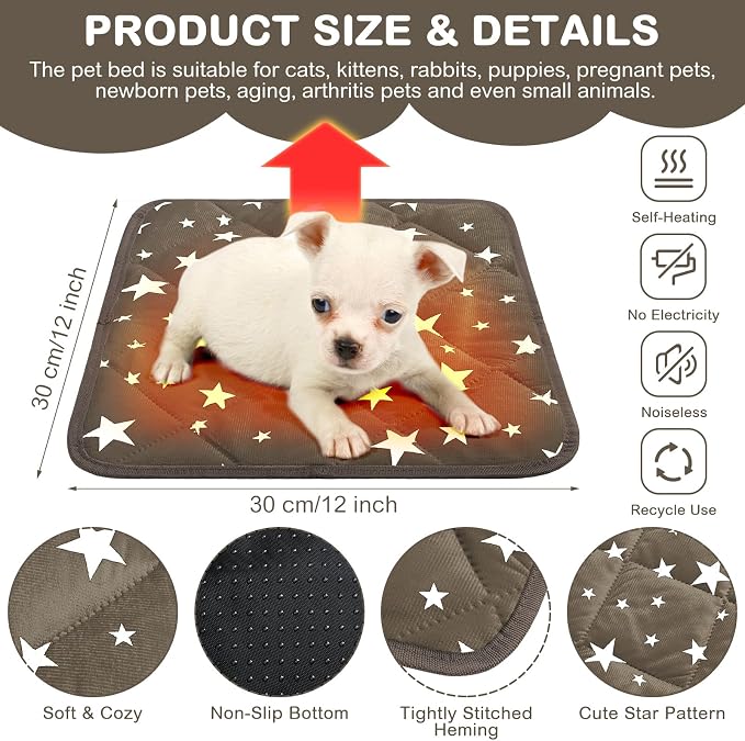 4 Pack Self Warming Cat Bed Self Heating Cat Mat Star Pattern Soft Dog Crate Pad Thermal Pet Mat Anti Slip Kennel Dog Washable Warming Bed for Outdoor Indoor(12 x 12 Inch,Brown)