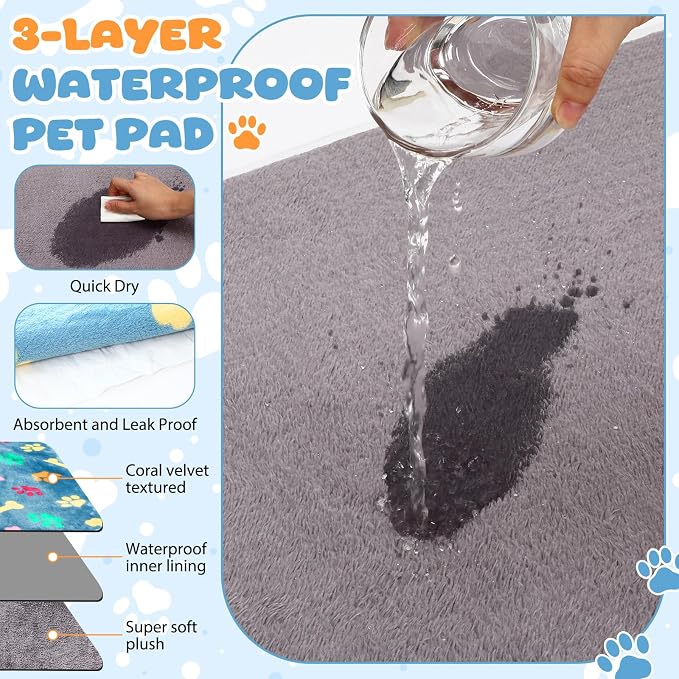 Tegeme 6 Pcs Waterproof Dog Blanket 30 x 20 Inch Paw Print Pet Blanket for Dogs Cats Puppy Washable Soft Fluffy Fleece Rug Flannel Throw Warm Sleep Mat for Kitten Doggy