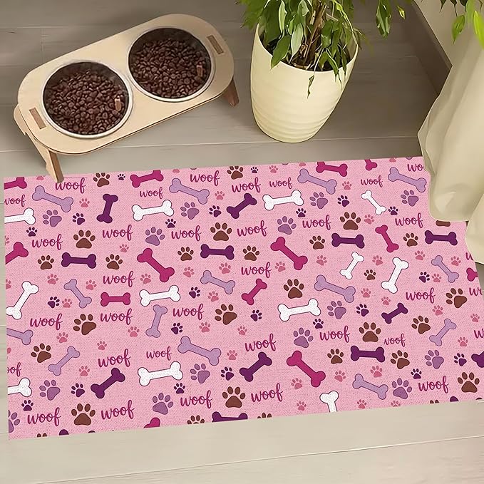 Dog Feeding Mat 30 x 17 Inch, Pink Paw Bone Woof Dog Placemat Absorbent Quick-Dry for Food and Water, Waterproof Non Slip Rubber Pet Bowl Pad Mat for Floors