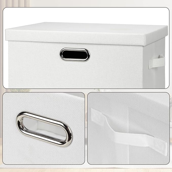Storage Bins with Lids Fabric Closet Organizers Cubes Office Organization | 36 Quart 3 Pack White Collapsible Stackable Linen Fabric 4 Handles Bedroom Closet Cabinet Under Bed Clothes Toy Office File