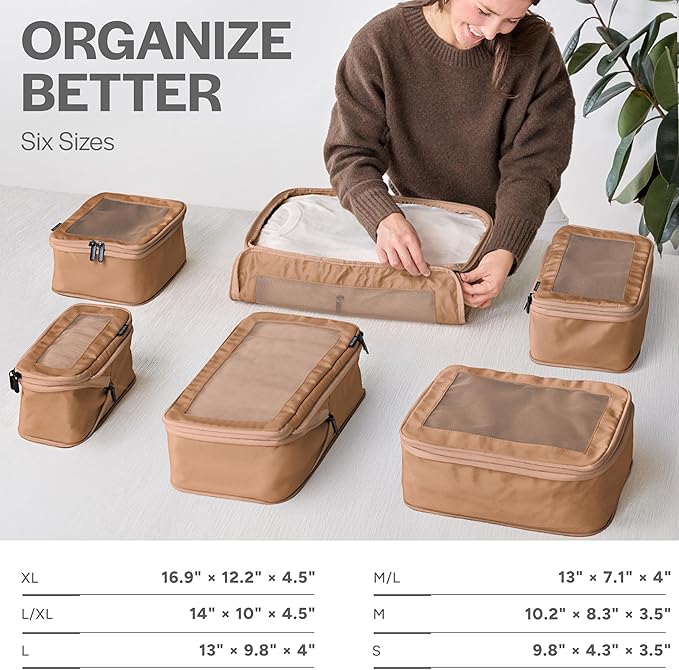 Compression Packing Cubes for Travel - Luggage Organizer Bags - Double Zipper Packing Cubes for Suitcases (12-Pack, Mocha)