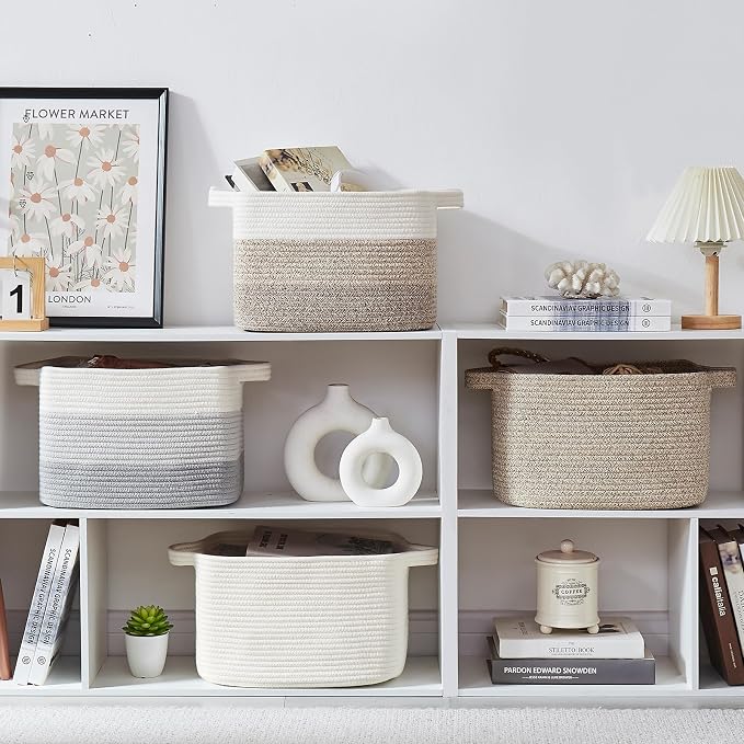 OIASKET Storage Basket for Organizing, Woven Baskets for Storage, Rectangle Decorative Baskets for Shleves, Closet, Toys, Books, Nursery Organizer Bins - Pack of 3 (White, 13"x9.85"x8.7")