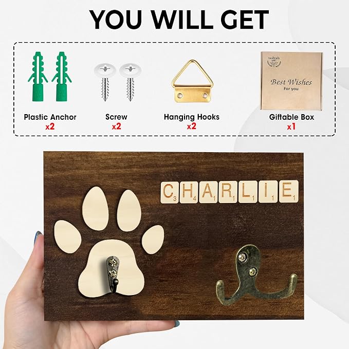 Personalized Dog Leash Holder Wall Mount, Pet Harness Hanger with Letter Tiles, Dog Collar Organizer for Entryway, Memorial Paw Leash Holder for Wall, Pet Loss Gift, Keepsake Home Decor