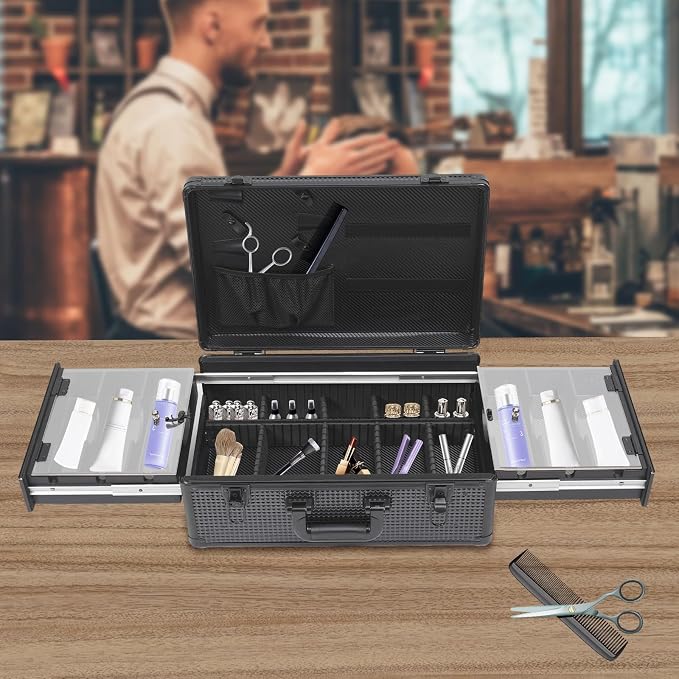 Barber Case, Professional Barber Organizer Case, Clipper Storage Suitcase, Aluminum Hard Shell Tool Box, Dustproof Clear Cap, Hair Stylist Pet Grooming Salon Travel Kit Organizer 17.13