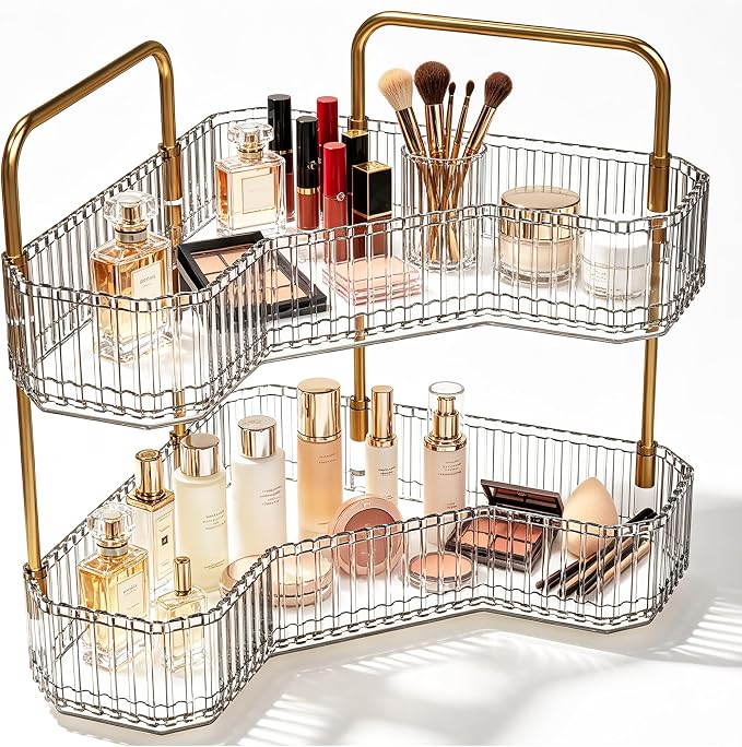 2-Tier Corner Bathroom Organizer, Skincare Vanity Counter Shelf Clear | Premium PET Perfume Display Stand with Gold Metal Rods, Space-Saving 90 Degree Storage Rack for Dresser