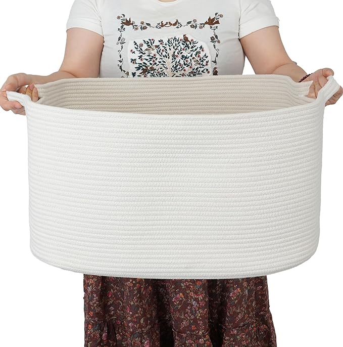 XUANGUO Large Rectangle Woven Cotton Rope Blanket Basket 22"x17"x12" White | Storage basket for nursery and living room; toy basket for kids, dog toy storage, or laundry basket for clothes and towels.
