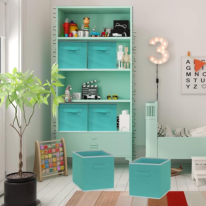 Simple Houseware 11-Inch Foldable Cube Storage Bins, Turquoise, 6-Pack | Lightweight & Durable Structure Fabric Cubes Organizer for Closet or Shelves