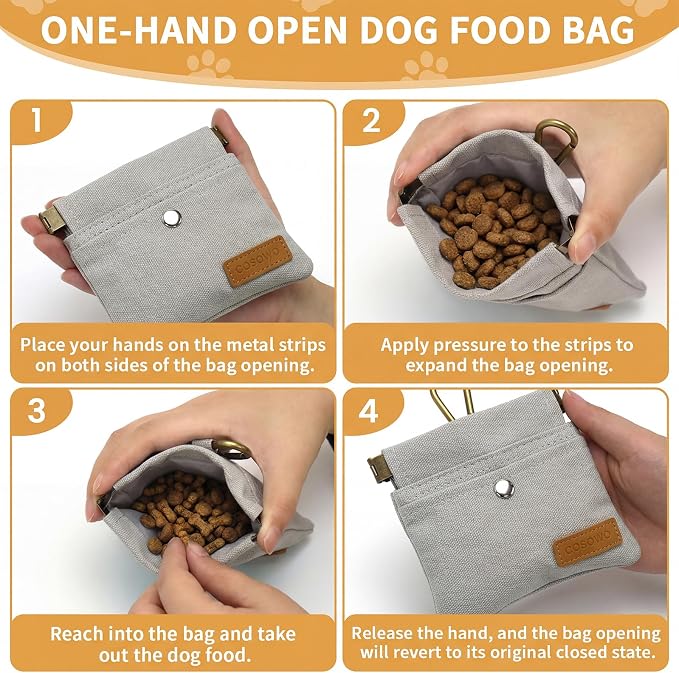Dog Treat Pouch for Pet Training, Carabiner & Magnetic Buckle, Grey | Hand Free Dog Training Treat Bag, Auto Closing Dog Walking Bag for Puppy Travel or Outdoor Use, Pet Feed Snack Reward Pocket