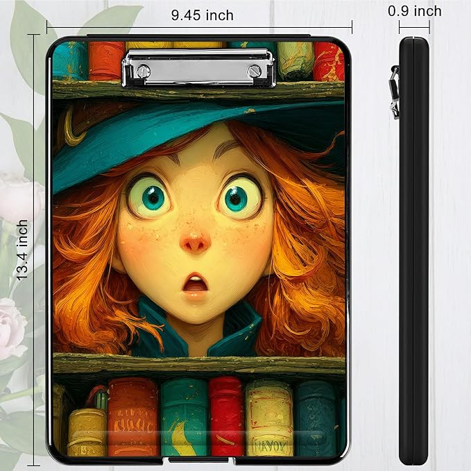 Heavy Duty Storage Clipboard, Slim Nursing Clipboard with Internal Pen Case, Portable File Organizer Case for A4 Letter Size Paper Office Medical Professionals, Colorful Book Girl