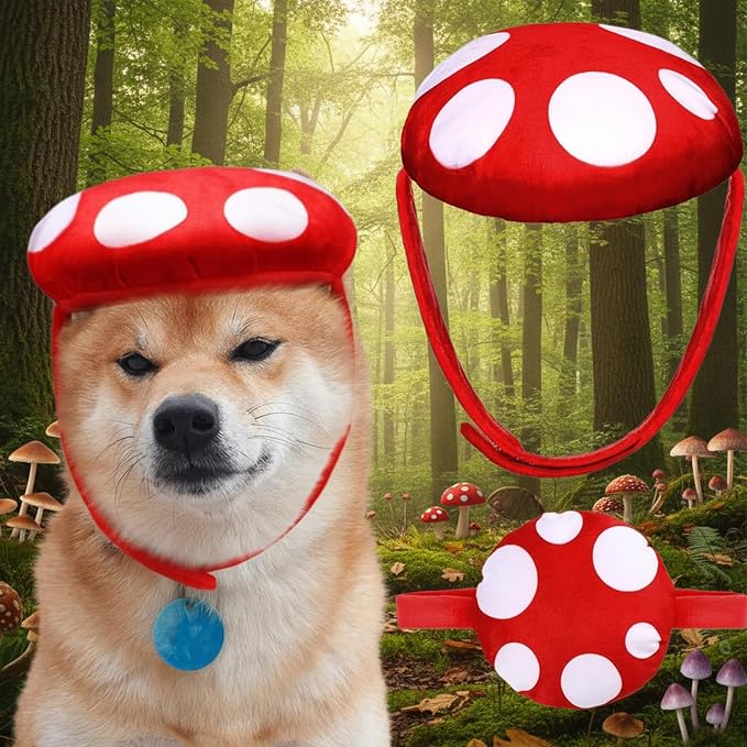 Huhumy Dog Mushroom Hat, Red White Dot Pet Costume for Halloween Christmas | Adjustable Chin Strap Fit, Cottagecore Party Accessory, Fits Cats and Small Dogs, Festive Holiday Cosplay Dress up Prop