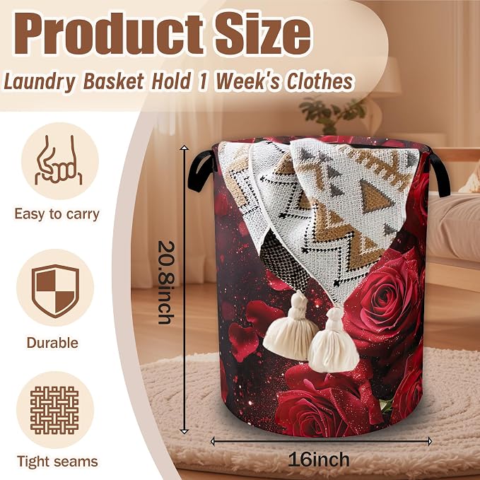 Red Rose Laundry Baskets,Laundry Hamper,Storage Basket with Handles for Bathroom Bedroom College Dormitory Living Room Nursery Organizer 16"x20.8"