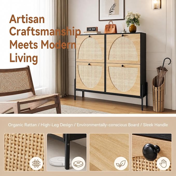 Rattan Shoe Cabinet Storage,Narrow Shoe Rack for Entryway with 4 Flip Drawers, Freestanding Wooden Shoe Organizer Cabinet with Metal Legs for Hallway (Black + Natural, 4 Flip Drawers)