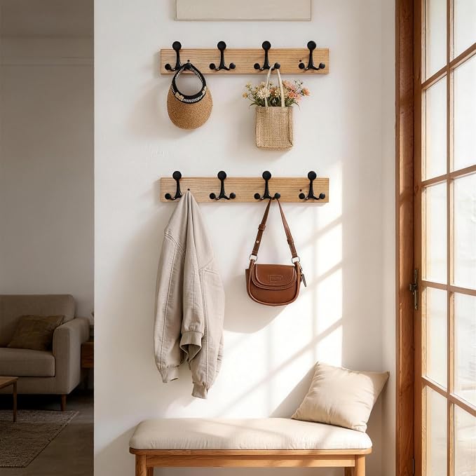 SKOLOO 24-Inch Wood Coat Rack Wall Mount with 4 Triple Hooks - Ideal for Family Entrances, Classrooms, and Pet Supplies Storage - Perfect Coat Hooks for Wall, Black on Natural