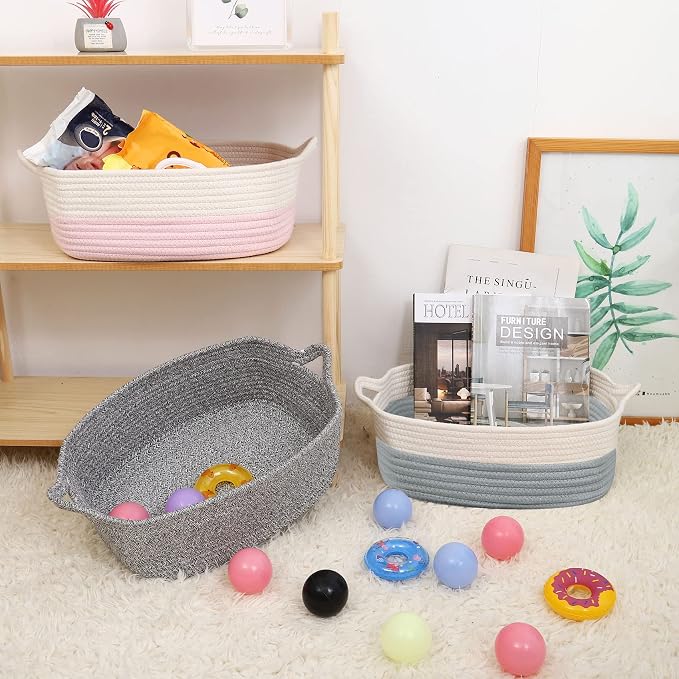 ABenkle Small Storage Basket with Handles, Cotton Rope Woven Dog Cat Toy Bin, Decorative Shelves Closet Organizing for Nursery Laundry Bedroom Bathroom, 14.2''x 11''x 5.1''