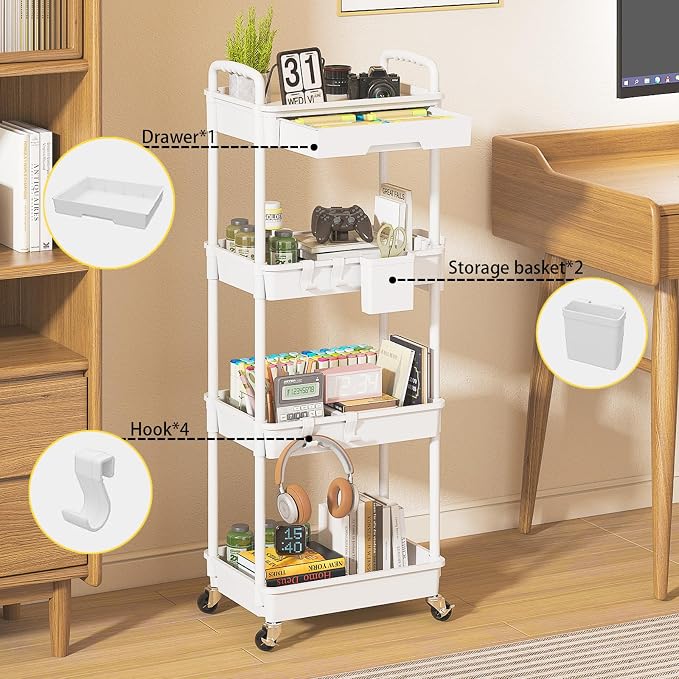 4 Tier Rolling Utility Cart with Drawer, Plastic Storage Organizer Rolling Carts with Wheels Handles Hanging Cups Hooks for Office, Bathroom, Kitchen,Craft Art Room (White)