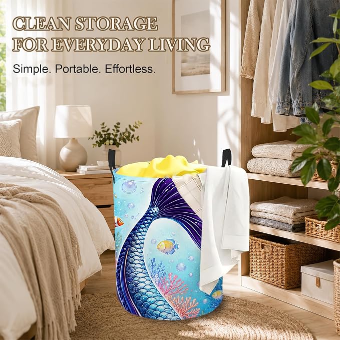 Laundry Hamper, Mermaid Tail Collapsible Ocean Coral Laundry Baskets Waterproof Oxford Cloth With Handles, Clothes Storage Bucket For Bathroom/Bedroom 16" x 20.8"