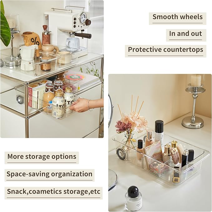 Roll-Out Refrigerator Organizers and Storage, 3 Pack Drawer Fridge Bins | Rolling Fridge Caddy, Silicone Wheels, Adjustable Dividers, Plastic Refrigerator Tray, for Fridge, Pantry, Bathroom & Kitchen