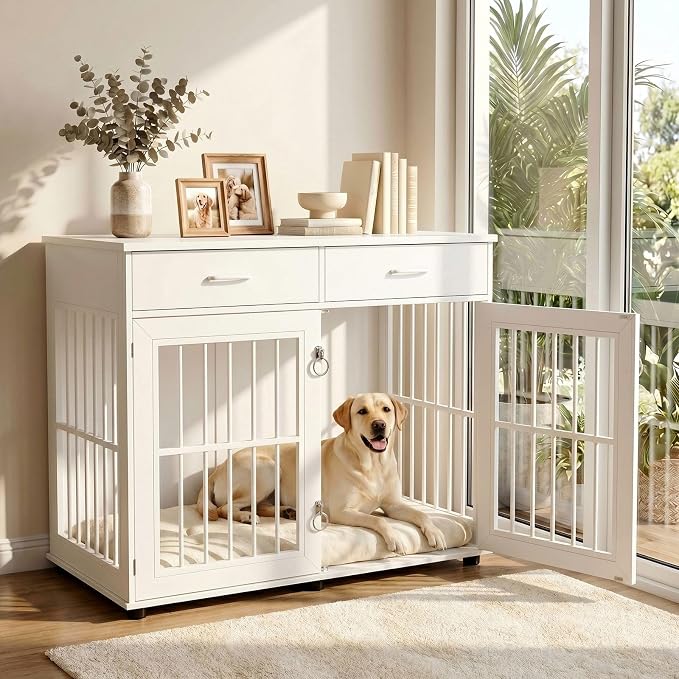 VOWNER 43.3" Large Dog Crate Furniture with 2 Drawers, White | Wooden Dog Kennel Furniture End Table with 3 Doors, XL Dog Kennel Indoor with Storage, Dog Cage TV Stand for Large Medium Dog