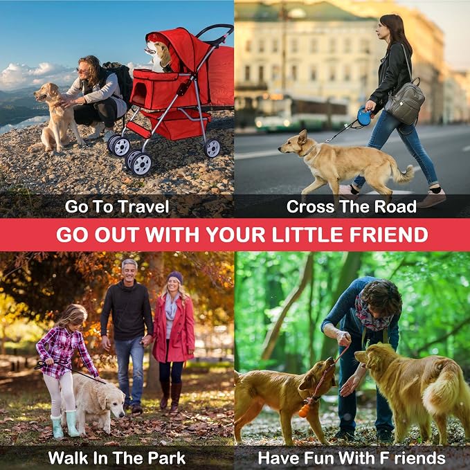 Pet Stroller,4 Wheels Dog Stroller with Storage Basket,Compact Portable Folding Carrier for Travel,Camping,Dog Carrier for Small Medium Dogs Or Cats,Lightweight Waterproof Pet Stroller,Red