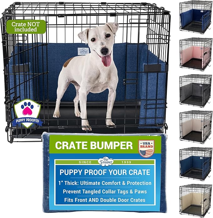 Pet Dreams Dog Crate Bumper - Patented Comfy Liner & Dog Tail Protector for Inside Crate, Fits iCrate Cages 18, 24, 30, 36, 42, 48 Inches (Denim, Large, 36")