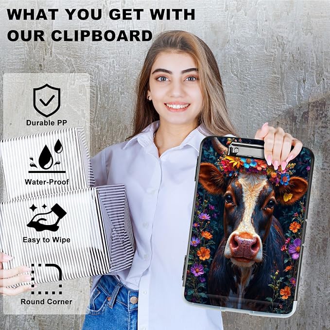 A4 Clipboard with Storage Pen Holder, Clipboards Organizer Nursing Clipboard Foldable File Folder Plastic Clipboard Folio Clip Board for Office Work Classroom Doctor, Black White Cow Flower