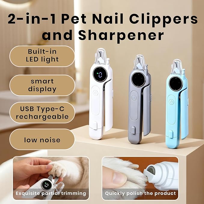 2-in-1 Dog Nail Clippers & Grinder, LED Light for Black Nails, Heavy Duty Smart Display Electric Pet Nail Trimmer, 3 Speed Quiet Rechargeable for Small Medium Large Dogs Cats (Grey)