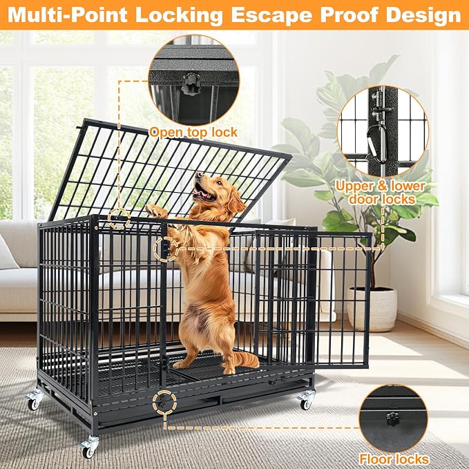 Homey Pet Stackable Heavy Duty Large Dog Crate Cage Kennel for Large Dogs | 47 Inch Black Solid Indestructible Kennel with Lockable Wheels, Double Door, Removable Dual Trays, Escape Proof Auto Locks