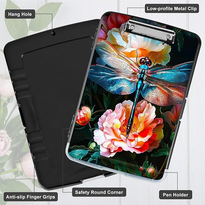 Peony Dragonfly A4 Clipboard with Storage Pen Holder, Clipboards Organizer Nursing Clipboard Foldable File Folder Plastic Clipboard Folio Clip Board for Office Students Classroom Doctor