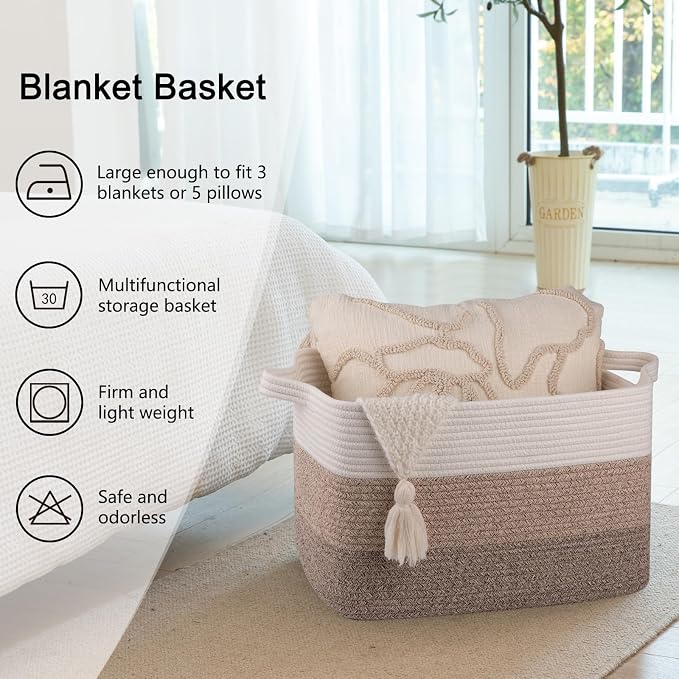 OIAHOMY Woven Blanket Basket Laundry Basket Dog Toy Basket Gradient Brown | Large Storage Basket,Baby Basket,Toy Storage,Woven Rope Basket for Blankets,Blanket Storage for Living Room