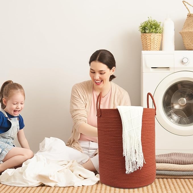 Woven Cotton Rope Laundry Basket, 15" x 20" Laundry Hamper, Rustic | Rope storage basket for dirty clothes, toys and blankets. Perfect for bathroom, baby nursery and living room storage.
