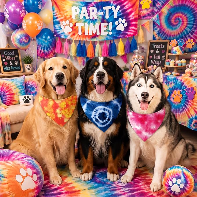 Abbylike 50 Pieces Tie Dye Dog Bandanas Bulk Colorful Hippie Pattern Dog Bandanas for Dogs Triangle Kerchief Scarf Bibs Set for Pets Summer Party Costume Accessories, 25 Styles (31.5 x 21.7 x 21.7)