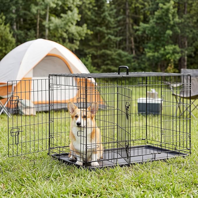 Sweetcrispy 36 Inch Dog Crate, Medium Dog Cage, Foldable Puppy Pet Kennel | Double Door, Metal Kennel, Secure Lock, Removable Tray, Indoor Outdoor Training Travel