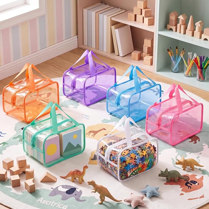Shinylin 12 Pack Pastel Large Toy Storage Bags with Zipper 9.8 x 5.9 x 7.1 Inch Reusable Waterproof PVC Board Game Storage Bags with Labels for Puzzles Building Blocks Book Stationery