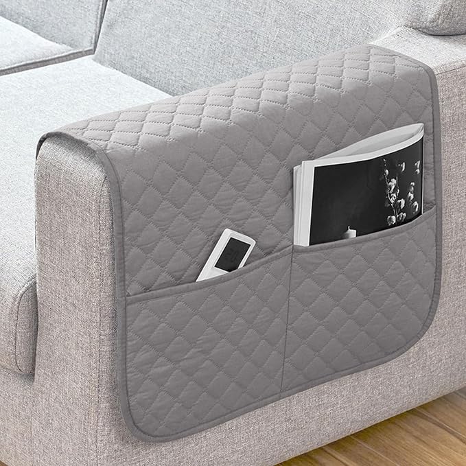 Anti-Slip Arm Rest Covers for Sofa Organizer Polyester Pongee Waterproof Couch Arm Covers with Side Pocket Arm Chair Covers, Arm Chair Bedside Storage(Grey)