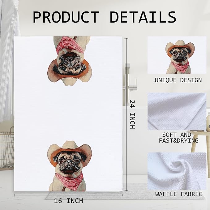 Cabana Bro Pug Kitchen Towels, Pug Gifts for Women Decorative Hand Towels for Bathroom, Funny Vintage Western Cowboy Dutch Dog Wrinkly Dog Dish Tea Towels for Kitchen, 16x24 Inch