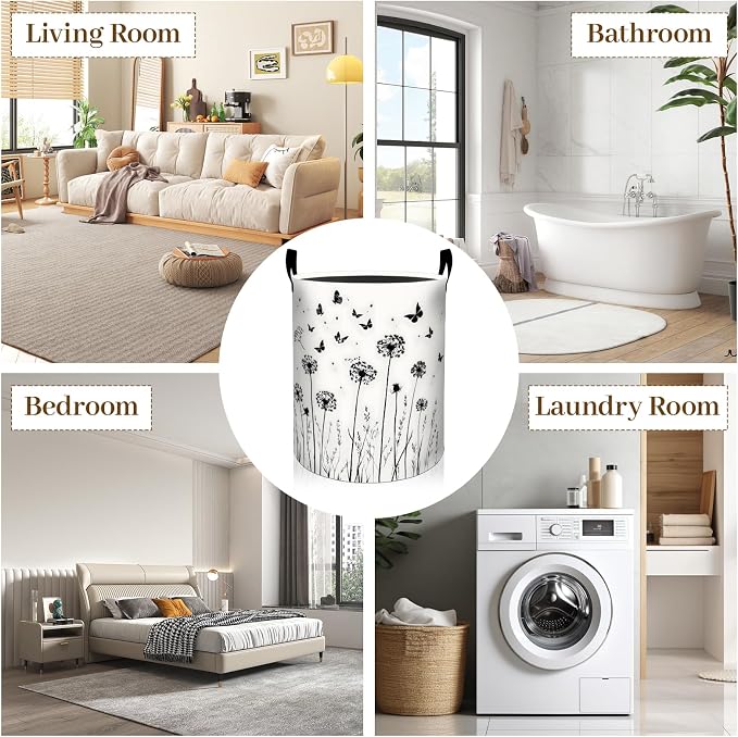 Dandelion Laundry Basket, Butterfly Floral Print Foldable Oxford Cloth, Waterproof Dirty Clothes Hamper with Handles, Clothing Storage Bin Toy Organizer for Bedroom Dorm Bathroom, 19.7"x15.7"