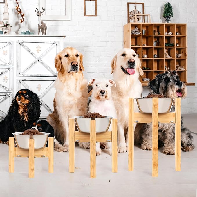 Elevated Dog Bowl Stand Adjustable Dog Food Holder 10”H Medium Bamboo | 10” Elevated Dog Bowl Stand, Medium Dogs, Adjustable, Fits 7”-10” Bowls, Single Bowl Holder, Natural Bamboo, Classic