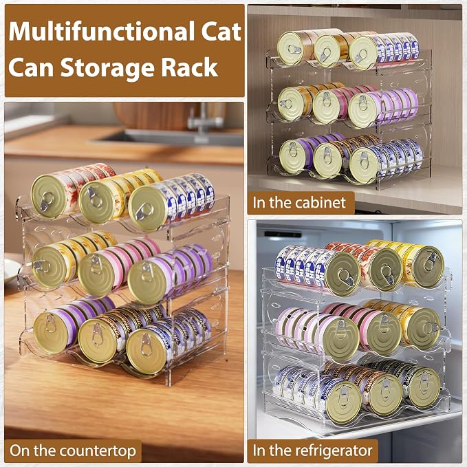 Flenpptly Cat Food Can Organizer, 4-Tier Cat Food Organizer | Transparent Can Organizer for Pantry, Canned Food Organizer Holds 60 (3oz) Cans, Pantry Can Organize (4-Tier 3-Can)