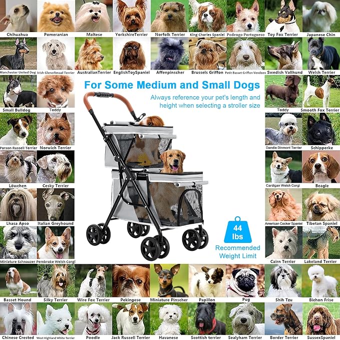 Double Pet Stroller for 2 Dogs & Cats, Double-Decker, Gray | One-Hand Fold Two-Tier Stroller with Separate Cabins, 44 lb Capacity, 4 Tethers, Locking Front Wheels and Rear Brakes