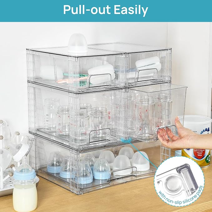 Vtopmart Clear Stackable Storage Drawers, 5 Pack Multi-Size Organizer Set | Wide, Medium and Small Pull-Out PET Drawers with Stackable Design for Cabinets, Closets, Pantry and Bathroom Organization
