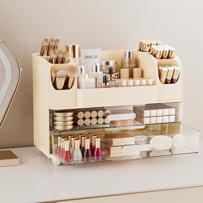 Delamu Large Makeup Organizer Countertop with 6 Brush Holders, Cream White