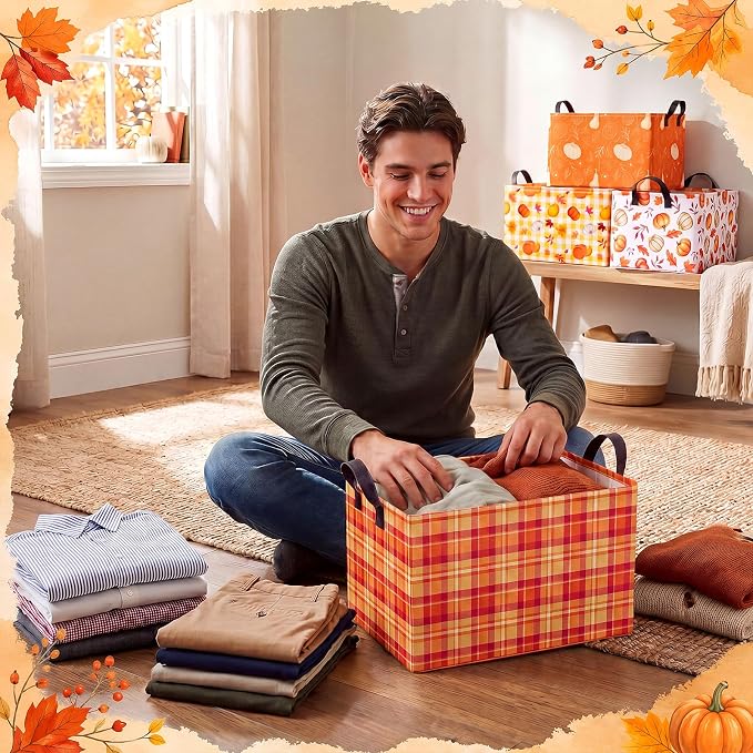 FoldTier 4 Pcs Fall Storage Baskets Empty Collapsible Autumn Organizer Bins with Handles Polyester Pumpkin Storage Bins for Autumn Thanksgiving Pet Toys Books Clothes Gifts Home Decor(Pumpkin)
