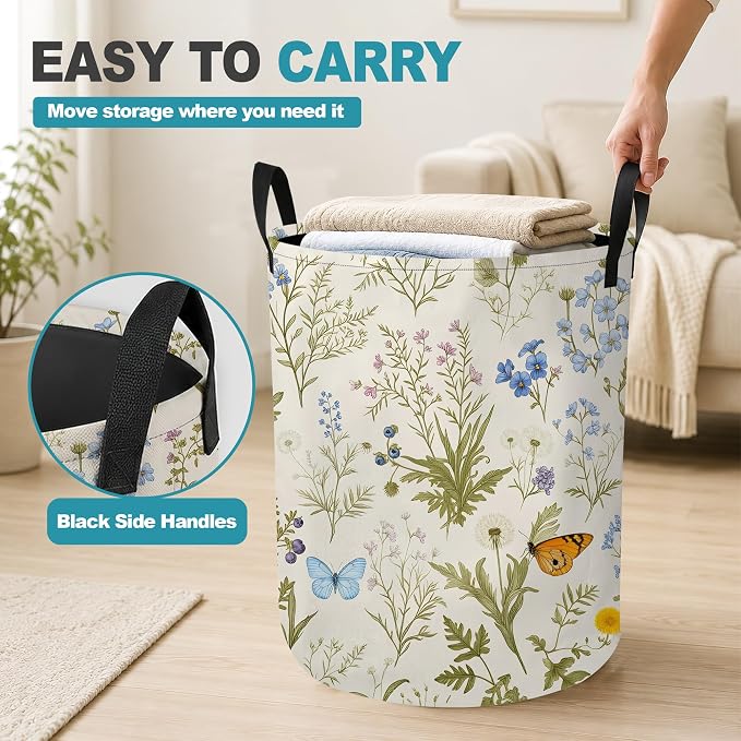 Wildflower Botanical Portable Laundry Hamper,Butterfly Flowers Collapsible Clothes Basket with Handles,Waterproof Oxford Cloth Organizer for Dorm Bedroom Bathroom Nursery,16 x 20 Inch