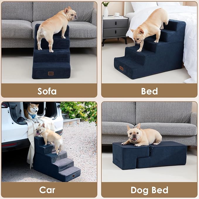 EHEYCIGA Dog Stairs for Bed 18" H, 4-Step Dog Steps for High Bed, Navy | Pet Steps for Small Dogs and Cats, Non-Slip Balanced Pet Ramp Indoor