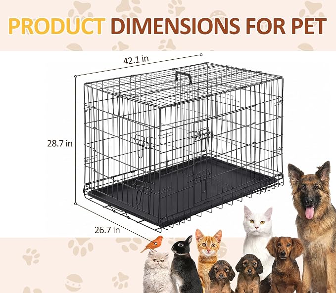 42-Inch Crate for Large Breeds, Double Door Folding Dog Crate, Secure Latch | Durable Metal Wire Cage with Plastic Leak-Proof Pan Tray, Handle, Folding Metal Wire Pet Kennel for Indoor, Outdoor, Travel