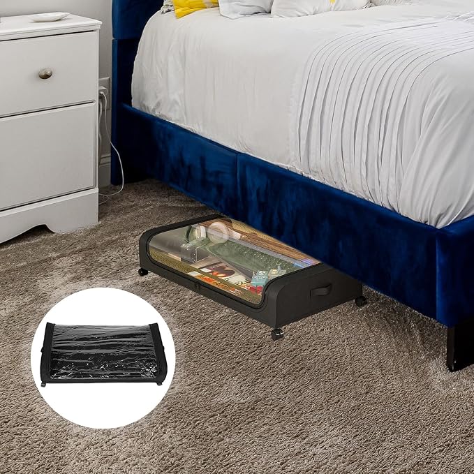Veemoon Bed Storage Rack with Wheels and Lid, Metal Rolling Clothes and Shoe Organizer with Fabric Base, Large Space-saving Storage for Small Bedrooms and Pet